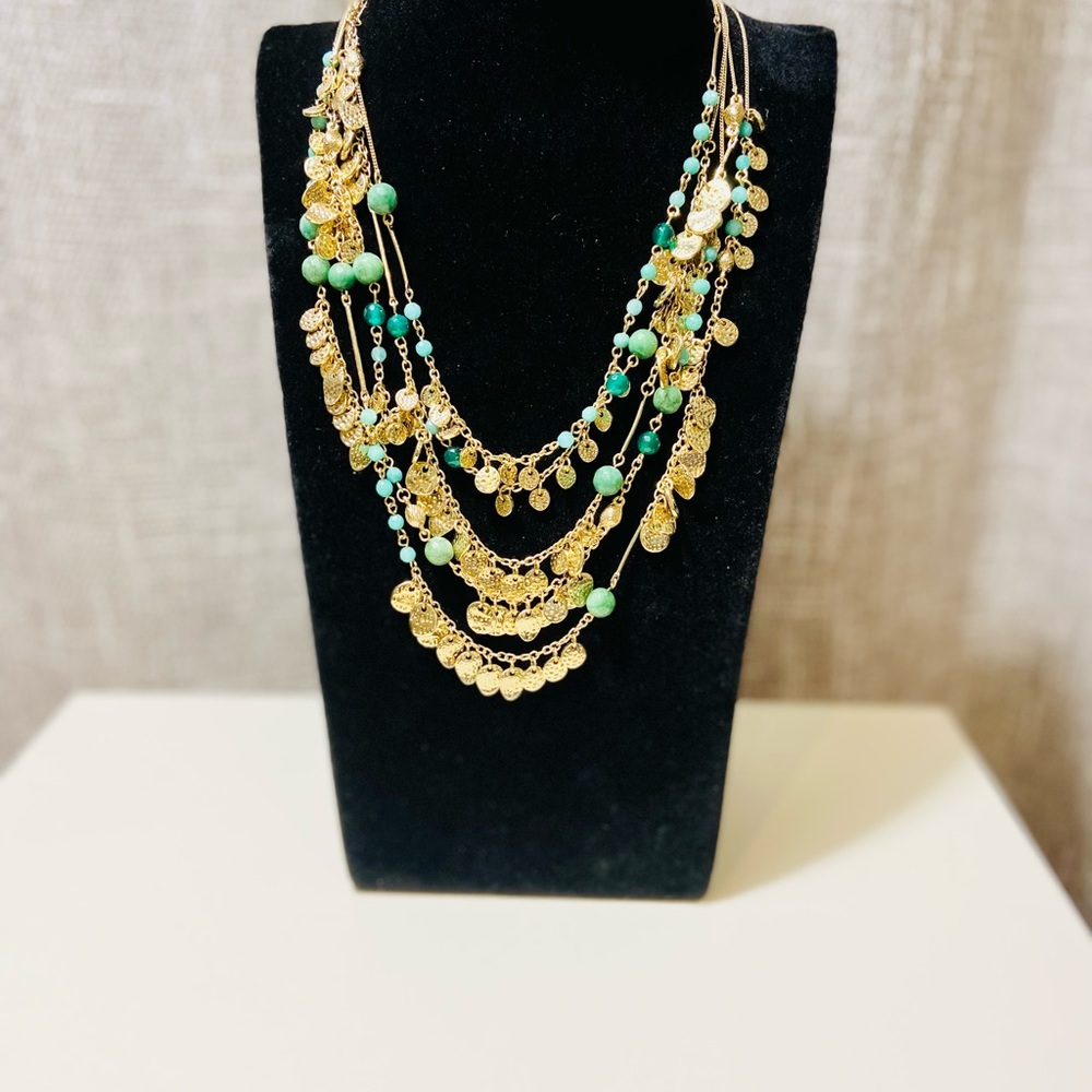 $125 Sequin Multistrand Green Beaded Necklace NWT Gold Tone Coin Charms